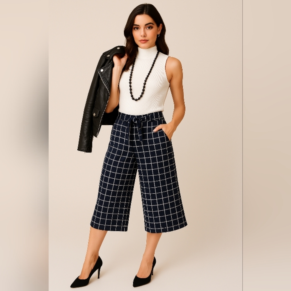 Maison Jules Wide Leg Windowpane Capris Black White 6 - Picture 11 of 12